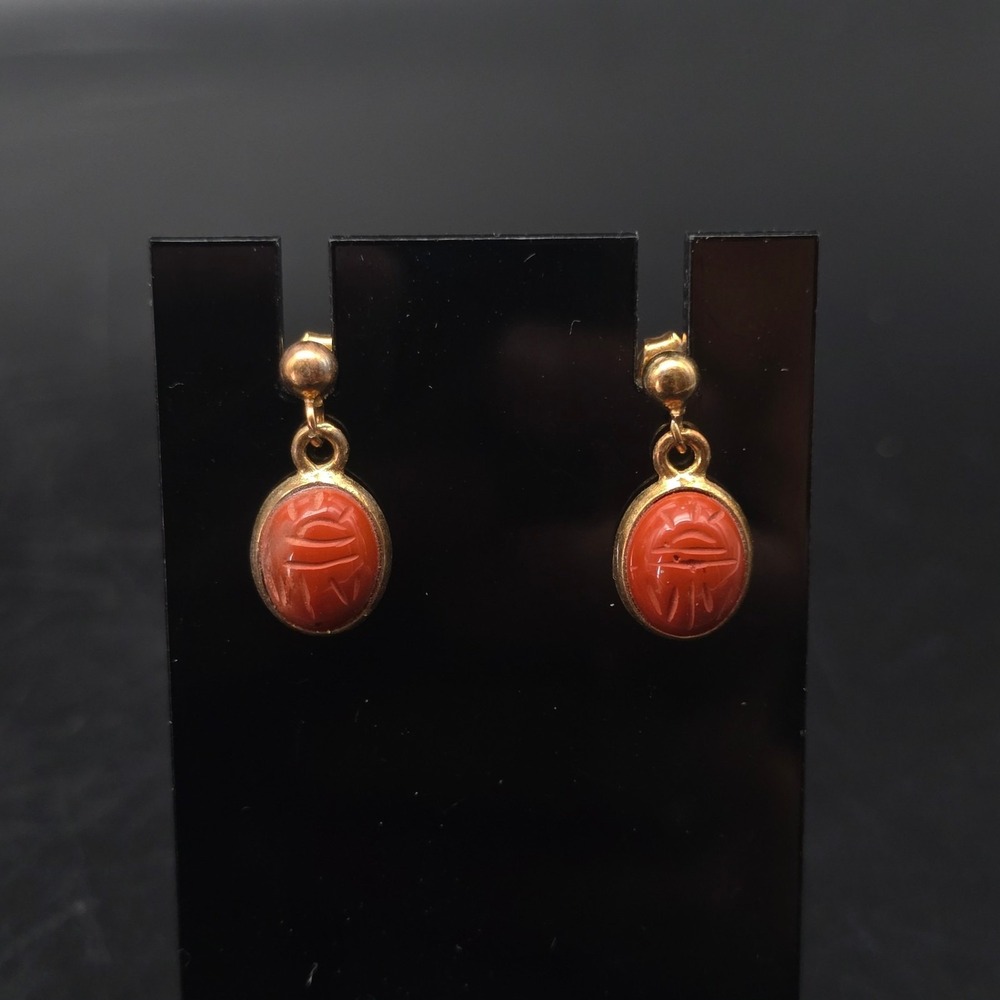 Red Orange Acrylic Scarab Earrings Dangle Drop Pierced Vintage